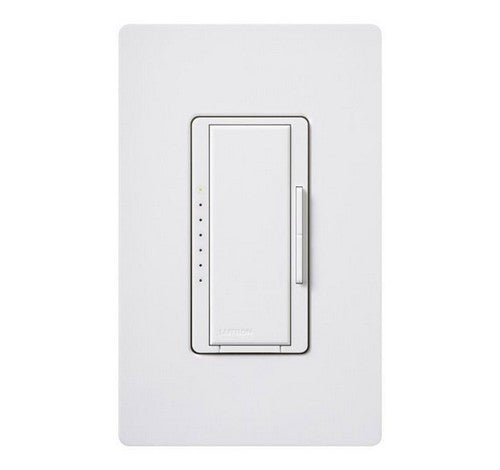 White Lutron MRF2S-6ELV120-WH wireless dimmer with LED indicator lights and sleek rectangular design.