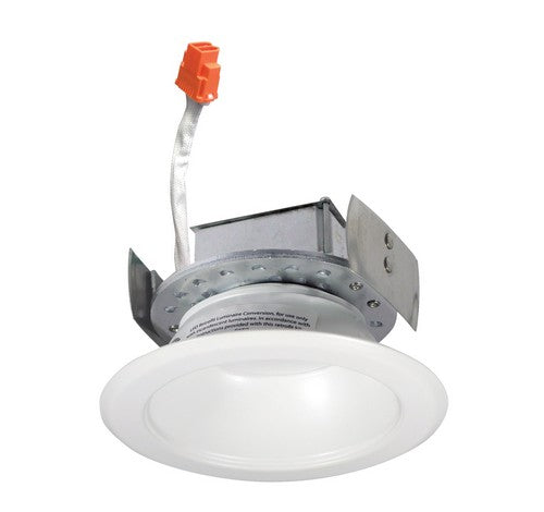 4" round LED recessed lighting with black finish, metal housing, and orange connector; NORA Lighting Cobalt Retrofit Series.