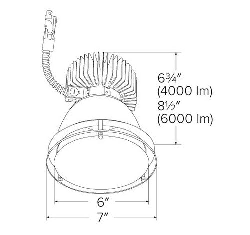 Technical diagram of a 6-inch ELCO Lighting LED light engine with drop glass trim, labeled dimensions and lumen outputs.