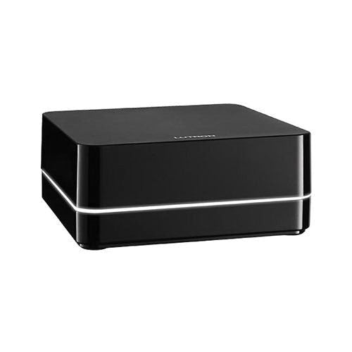 Black Lutron L-REPPRO-BL Wireless Repeater with sleek design and white trim.