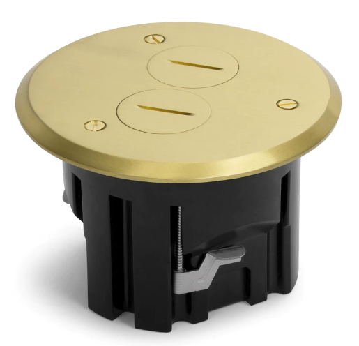 Lew Electric PBR1-SPB 15A Power One Duplex Power Round Plastic Floor Box W/ Screw Plugs Cover, Brass Finish