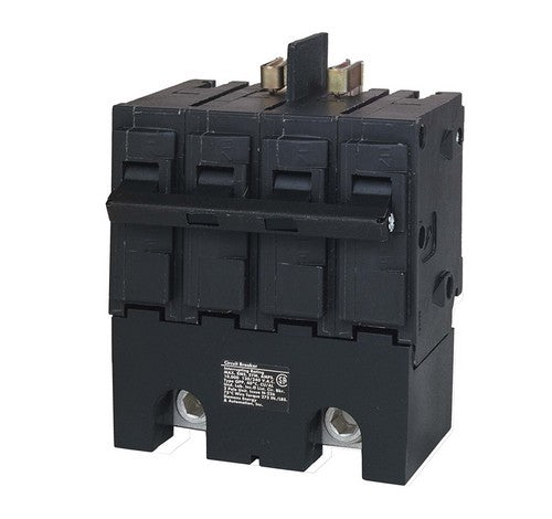 Siemens Q2150BH 150-Amp four-pole black circuit breaker with bolt-on design and visible metal contacts.