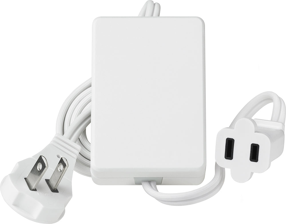 White Lutron Radio RA2 Plugin Dimmer with a smooth rectangular body and two-prong plug attached via a white cable.