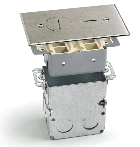 Lew Electric SWB-2-NS-T Recessed Floor Plate W/ Box, 4 Port Keystones & 2 Screw Plugs, Nickel Silver