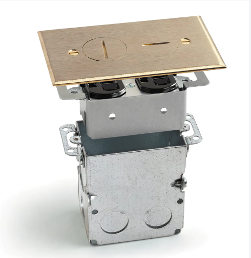 Lew Electric SWB-2 Recessed Floor Plate W/ Box, One 15A Receptacle & 2 Screw Plug, Brass