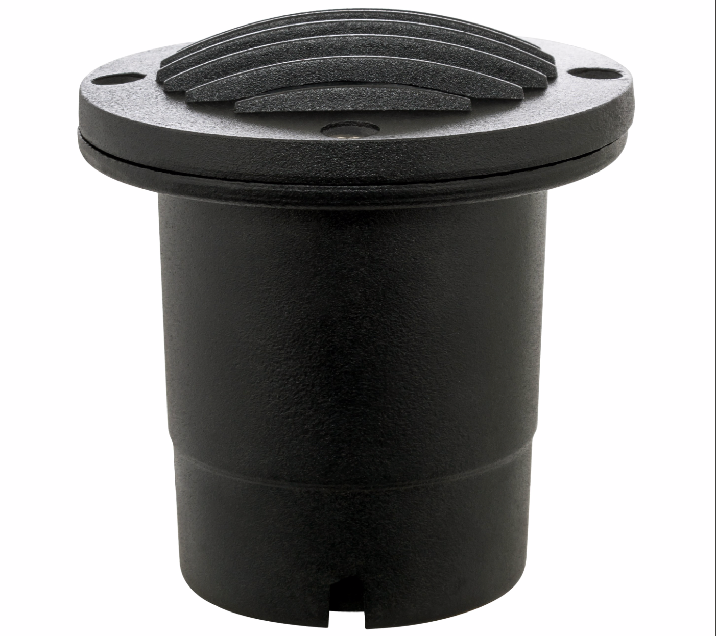 Black cast aluminum well light with a vented top, part of Westgate WL-105-1-BK series, featuring a cylindrical design.