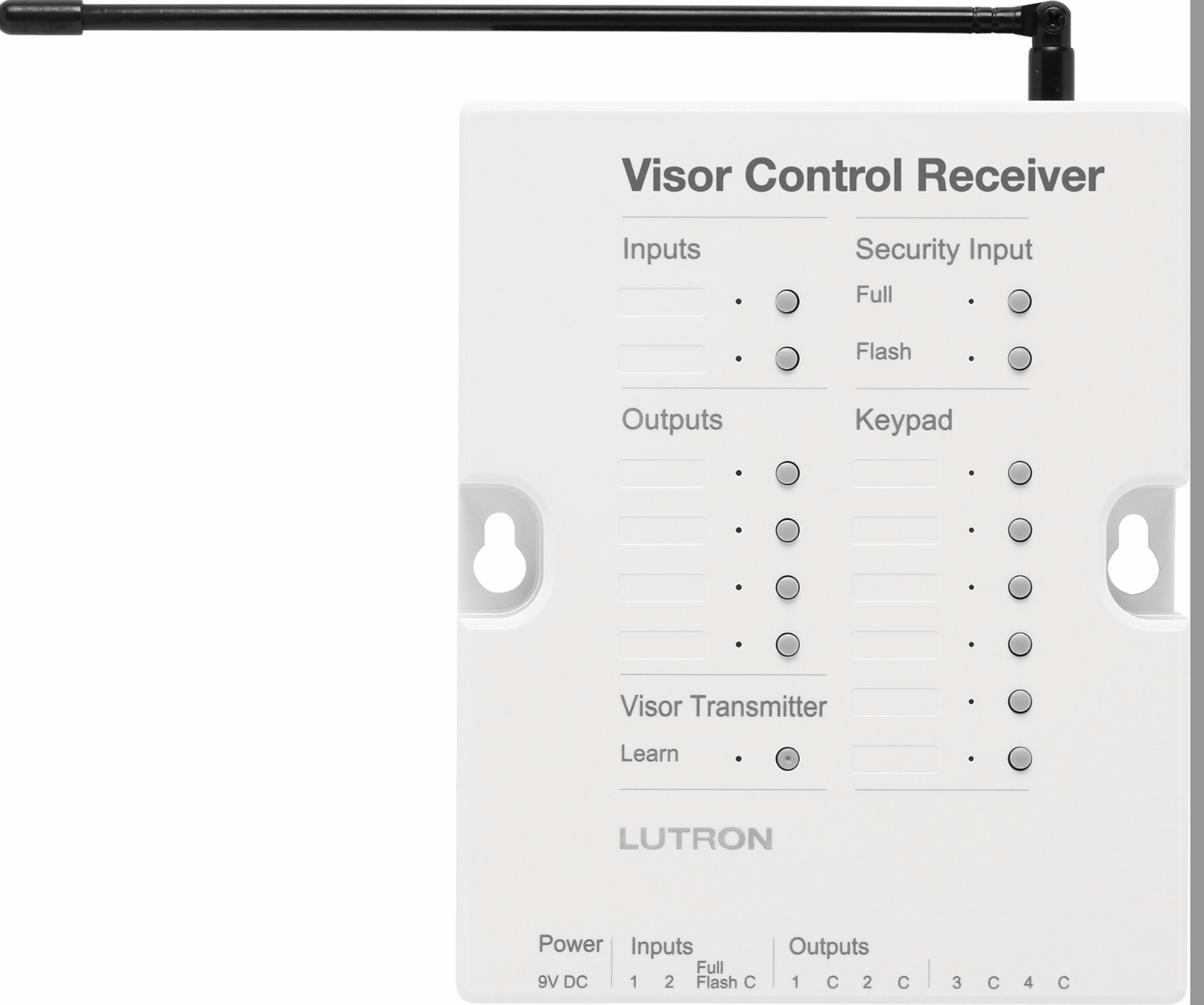 Lutron Radio RA 2 Visor Control Receiver in white with labeled inputs, outputs, and keypad; features an extended antenna.