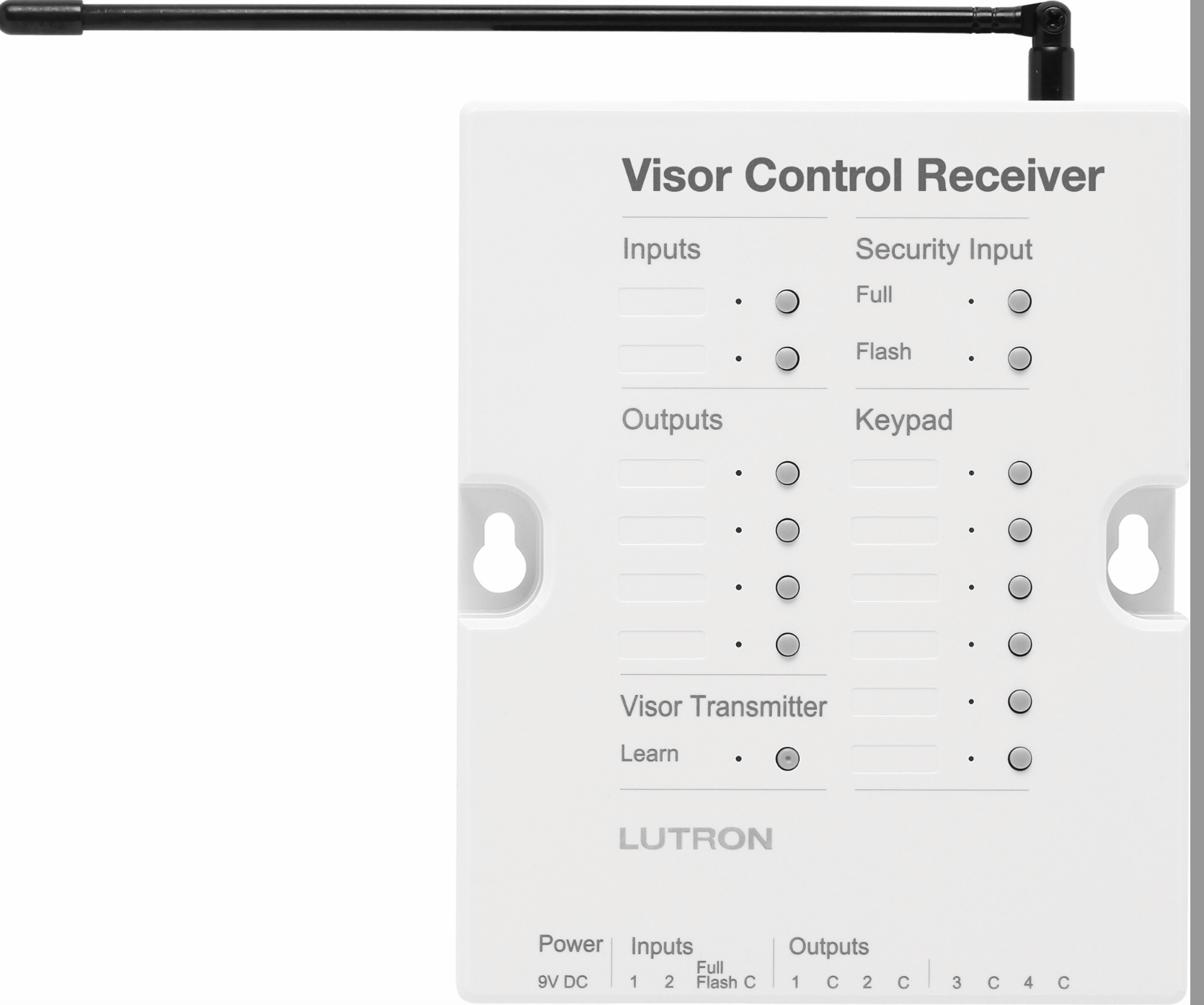 Lutron Radio RA 2 Visor Control Receiver in white with labeled inputs, outputs, and keypad; features an extended antenna.