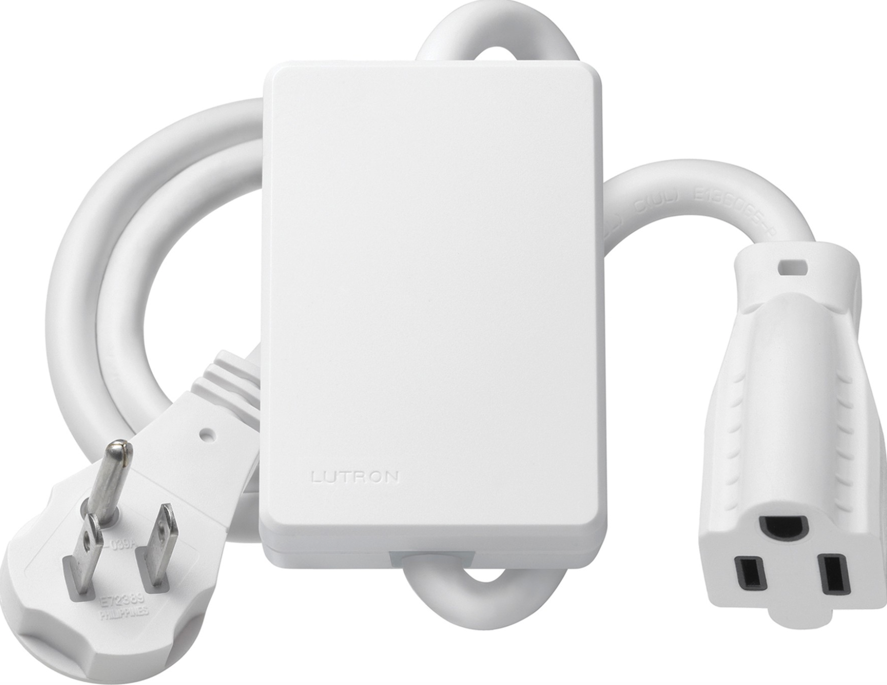 Lutron RA2 PlugIN APPL MOD 15A, white module with plug and outlet cable.