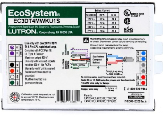 Lutron dimmable ballast label with wiring diagram, part number EC3DT4MWKU1S, UL and FCC certifications, power specifications.