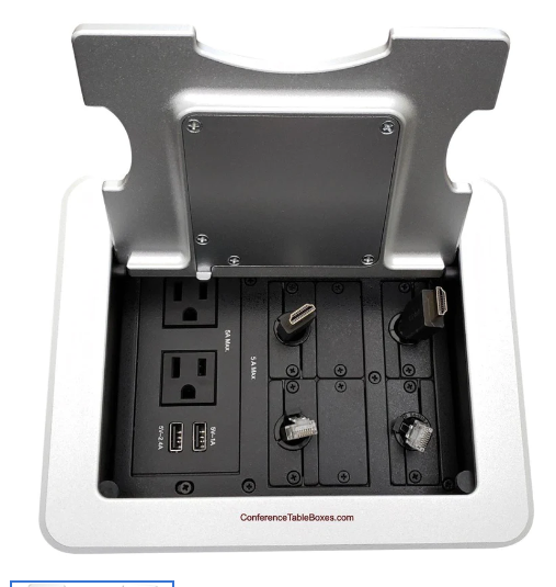 Lew Electric TBUS-1-KWC-S7 Cable Well Wireless Table Box W/ Charging Lid 2 Power AC, 2 Usb, Retractable HDMI/ Cat6, Silver