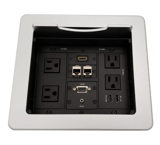 Lew Electric TBUS-1N-S2 Cable Well Table Box W/ 4 Power AC, 2 Charging Usb, 2 Cat6, 1 VGA, 1 Audio, Silver
