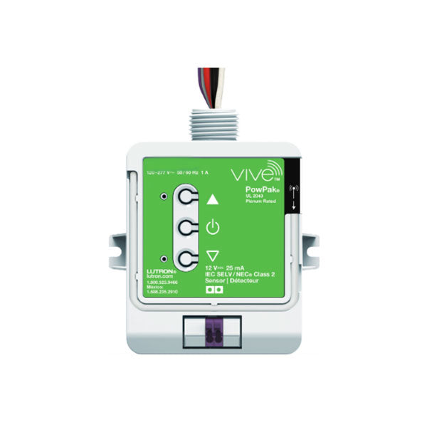 Lutron RMJS-8T-DV-B Vive PowPak module in white with green faceplate, labeled buttons, and connected wiring.