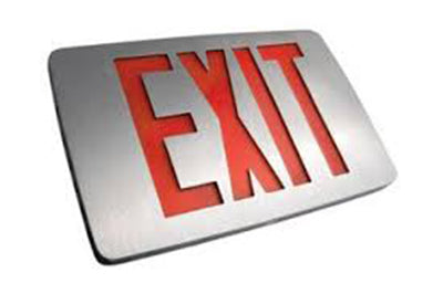 Thin aluminum die-cast LED exit sign with red lettering, single face, silver frame, 120~277V.