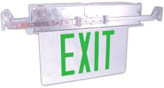 Green LED recessed exit sign with aluminum canopy and adjustable bar hangers, model XTR-1GCA-EM.