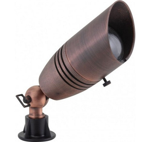 Antique brass directional bullet light with adjustable key knuckle and convex tempered glass lens, ideal for outdoor use.