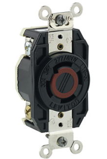 Leviton 2760 30A, 277/480V 3-Phase Y, NEMA L19-30R, 4P, 4W, Flush Mtg Locking Receptacle, Non-Grounding, V-0-MAX, Black Finish