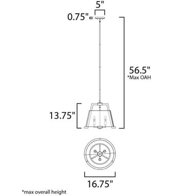 Maxim Lighting 10143GYDW Orson Pendant - Dimension Diagram: 16.75 inch Width, 13.75 inch Height, 56.5 inch Max OAH