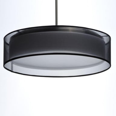 Maxim Lighting 10224WOSN Prime Pendant - angled view of drum shade with black trim and white acrylic bottom