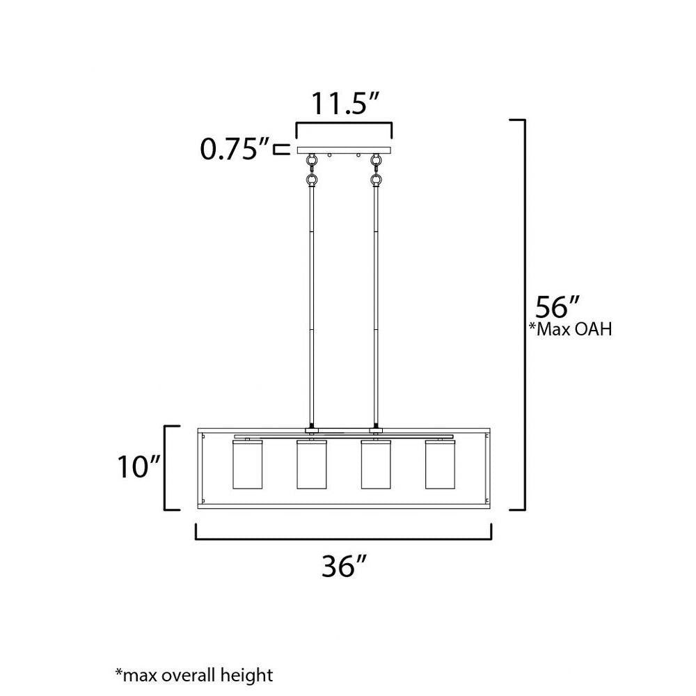 Maxim Lighting 10288SWSN Lateral 4 Light 36 inch Linear Pendant - dimension diagram showing 36 inch length, 10 inch height, 9.25 inch width, 56 inch max OAH