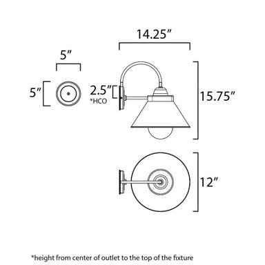 Maxim Lighting 10290WTBK Jetty Outdoor Wall Sconce Dimension Diagram - 14.25W x 15.75H inches