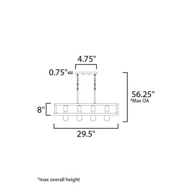 Maxim Lighting 10307BKASB Black Forest 4 Light Linear Pendant dimensions diagram: 29.5 inch width, 8 inch fixture height, 56.25 inch max overall height