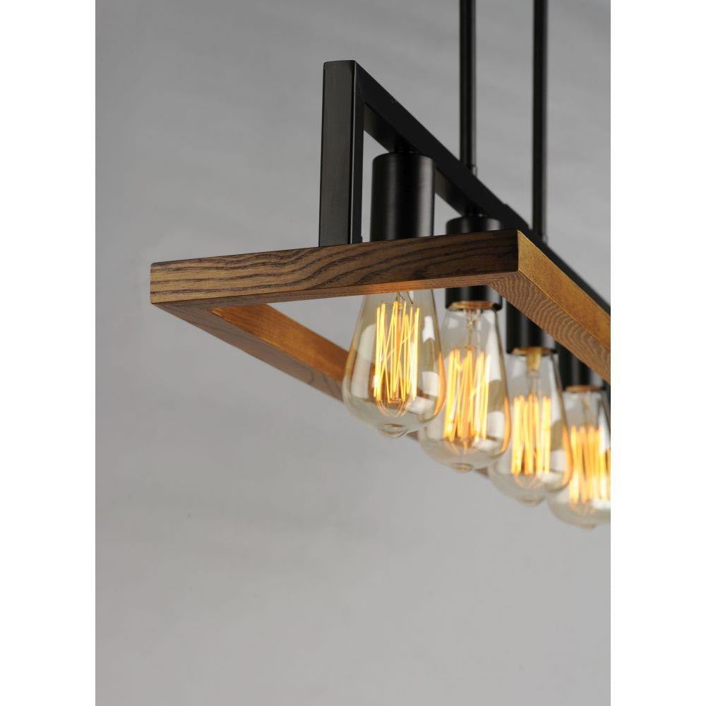 Maxim Lighting 10307BKASB Black Forest Linear Pendant close-up detail showing Ashbury wood frame and Edison bulbs