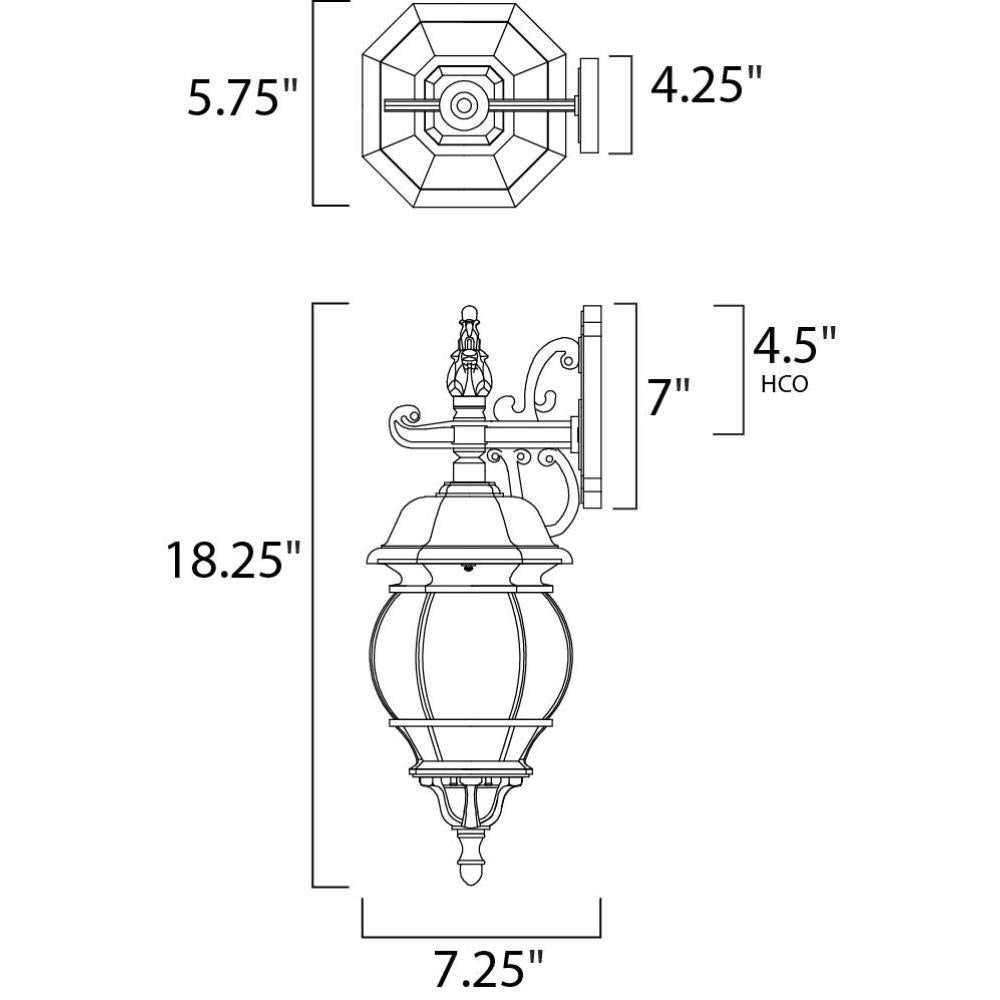 Maxim Lighting 1030BK Crown Hill Outdoor Wall Lantern Line Drawing with Measurements