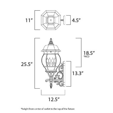 Maxim Lighting 1037BK Crown Hill Outdoor Wall Lantern Dimensions Diagram