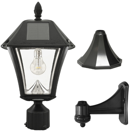 Gama Sonic 105B033 Baytown II Bulb Solar Post Light with Patented Light Bulb - Wall/Pier/3″ Fitter Mounts - Black