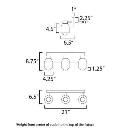 Maxim Lighting 10623LVBK Pompeii 3 Light 21 inch Lava Black Bath Vanity Wall Light Dimensions Diagram