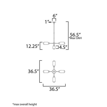 Maxim Lighting 10625TVOY Pompeii 5 Light Chandelier dimension diagram showing 12.25 inch height 36.5 inch width and 56.5 inch max overall height