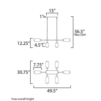 Maxim Lighting 10628TVOY Pompeii 8 Light Linear Pendant Ceiling Light Dimensions Diagram