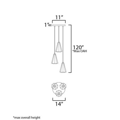Maxim Lighting 10813SWBKAB Rizzo 3 Light Pendant - Line Drawing Dimensions Diagram