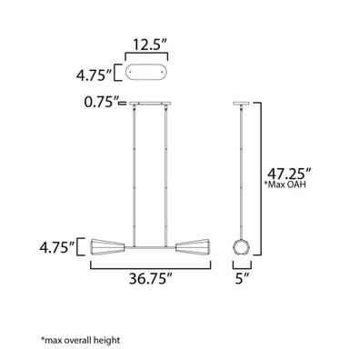 Maxim Lighting 10816SWBKAB Rizzo Linear Pendant dimensions diagram showing 36.75 inch width and 4.75 inch height