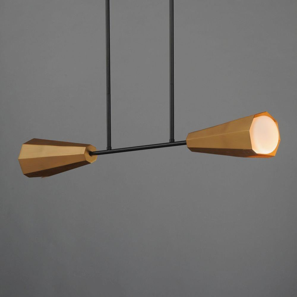 Maxim Lighting 10816SWBKAB Rizzo Linear Pendant lit view showing Natural Aged Brass faceted shades
