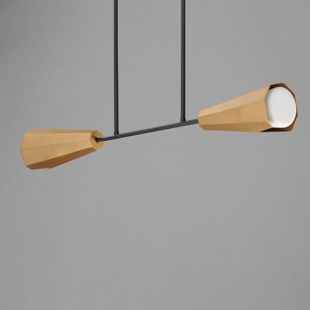 Maxim Lighting 10816SWBKAB Rizzo Linear Pendant side angle view showing faceted brass shades and black rod