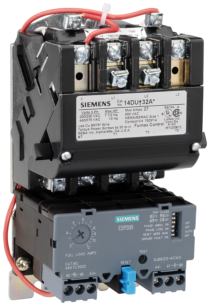 Siemens 14DUD32AA Class 14 Full Voltage Motor Starter, 110 to 120/220 to 240 VAC V Coil, Non-Reversing Action, 3 Poles, NEMA 1/Open Enclosure