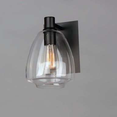 Maxim Lighting 11111CLSBR Babylon 1 Light Wall Sconce with clear glass shade in Matte Black finish on gray background