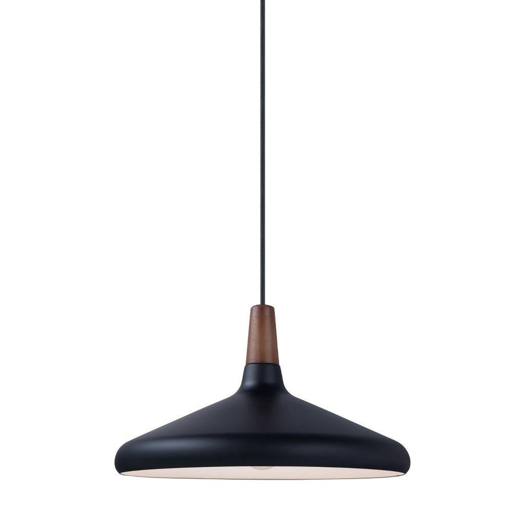 Maxim Lighting 11354WNBK Nordic Pendant with black spun metal shade and walnut wood accent, alternate angle