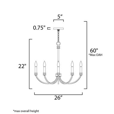 Dimension diagram of Maxim Lighting 11375BKAB Charlton Chandelier - 26 inch wide, 22 inch high, 60 inch max OAH, 5 inch canopy