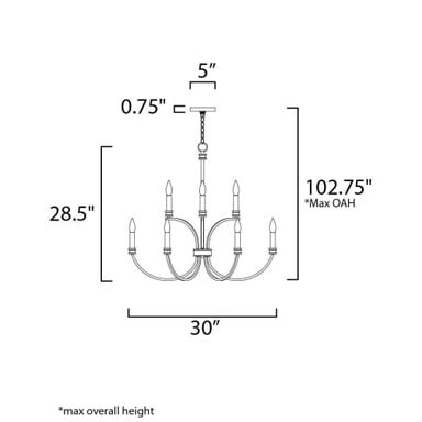 Maxim Lighting 11377BKAB Charlton Chandelier dimensions diagram 30 inch width 28.5 inch height