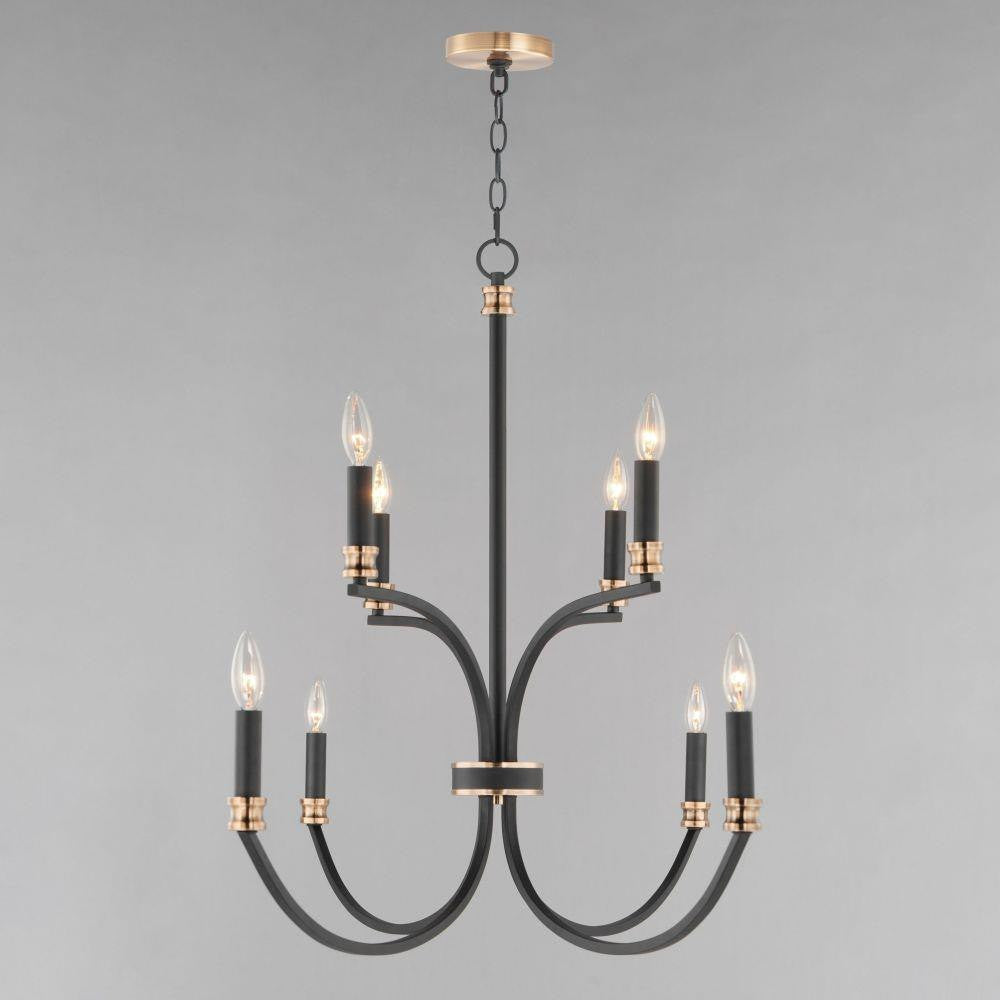 Maxim Lighting 11378BKAB Charlton 8 Light Black with Antique Brass Two-Tier Chandelier lit on grey background