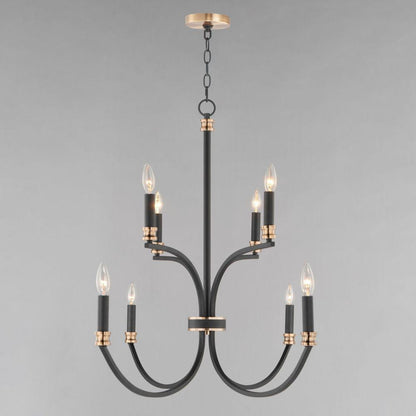 Maxim Lighting 11378BKAB Charlton 8 Light Black with Antique Brass Two-Tier Chandelier lit on grey background