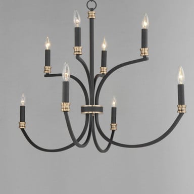Maxim Lighting 11378BKAB Charlton 8 Light Black with Antique Brass Two-Tier Chandelier angled view on grey background