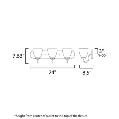 Maxim Lighting 11383FTSN Axis Bath Vanity Wall Light - Dimensions Diagram 24 Inch Wide 7.63 Inch High