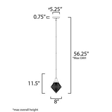 Dimension diagram of Maxim Lighting 11555BKBUB Adorn Mini Pendant showing 8 inch width and 11.5 inch shade height