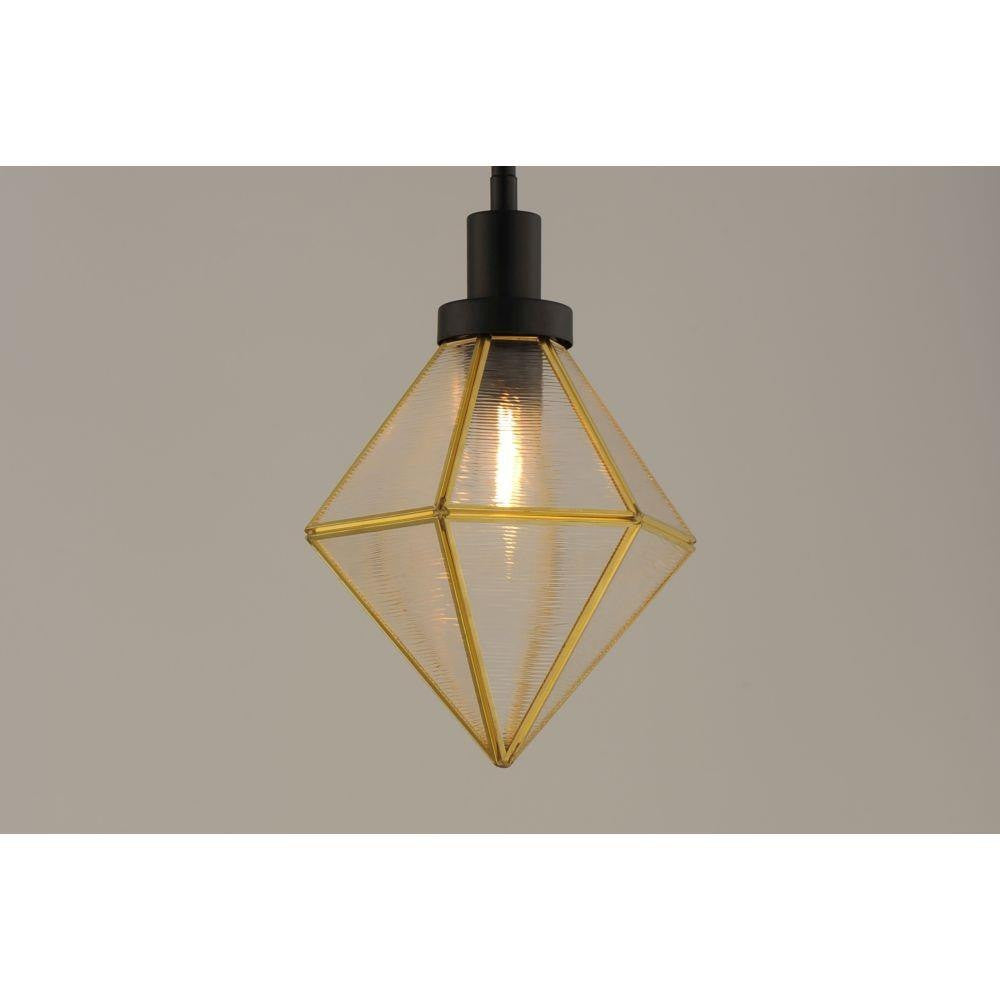 Close-up of Maxim Lighting 11555BKBUB Adorn Mini Pendant geometric glass shade with burnished brass frame lit