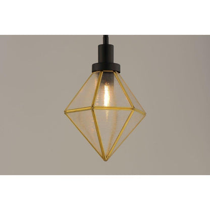 Close-up of Maxim Lighting 11555BKBUB Adorn Mini Pendant geometric glass shade with burnished brass frame lit