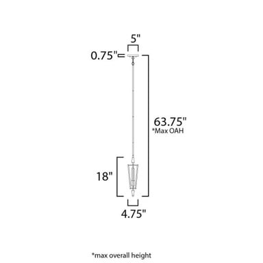 Maxim Lighting 11653BKSBR Wings Mini Pendant dimensions diagram showing 4.75 inch width, 18 inch fixture height, and 63.75 inch max overall height